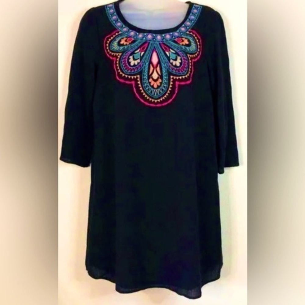 FLYING TOMATO Embroidered Boho Long Sleeve Tunic Dress Black Small